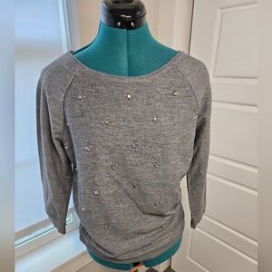LOFT ANN TAYLOR GREY BEJEWELED PULLOVER SWEATSHIRT TOP BLOUSE BLING WOMEN SMALL